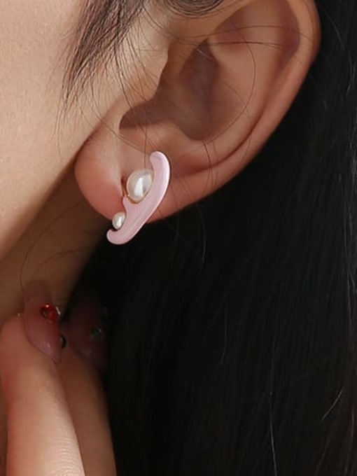 TINGS Brass Imitation Pearl Enamel Geometric Minimalist Stud Earring 1