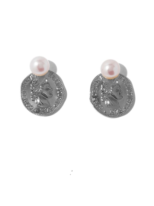 Platinum Brass Imitation Pearl Coin Vintage Drop Earring