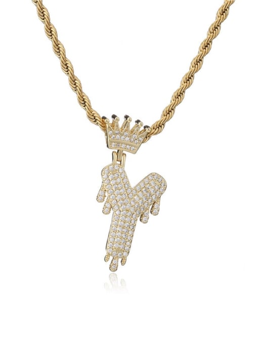 Y Brass Cubic Zirconia Crown Hip Hop Letter Pendant Necklace