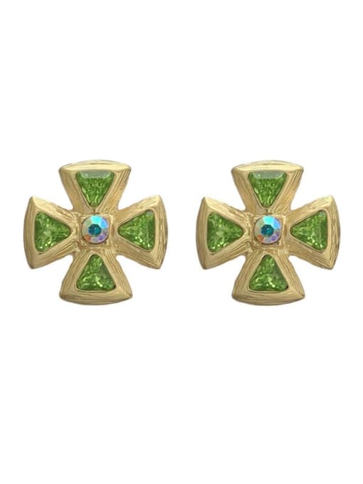 green Brass Glass Stone Cross Vintage Stud Earring