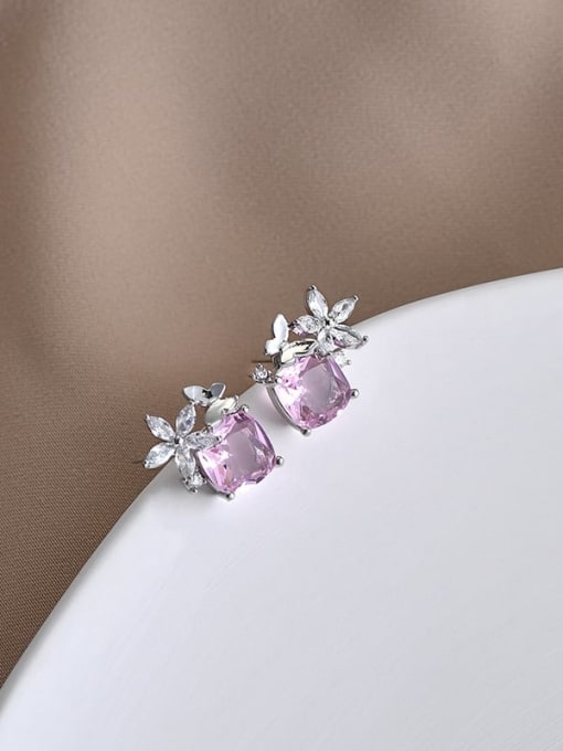 Silver Pink ed66552 Brass Cubic Zirconia Flower Dainty Stud Earring