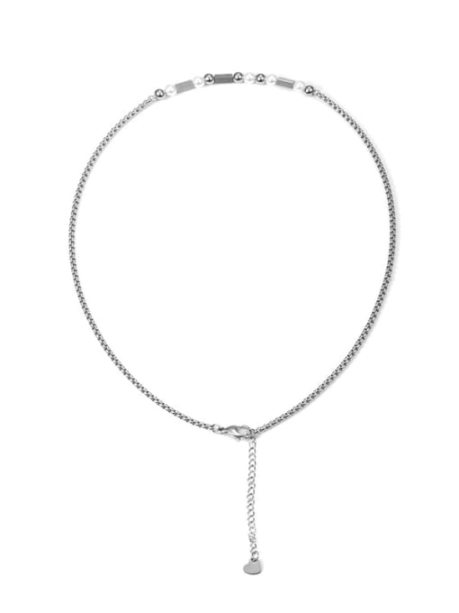 TINGS Titanium Steel Imitation Pearl Tassel Minimalist Lariat Necklace 0