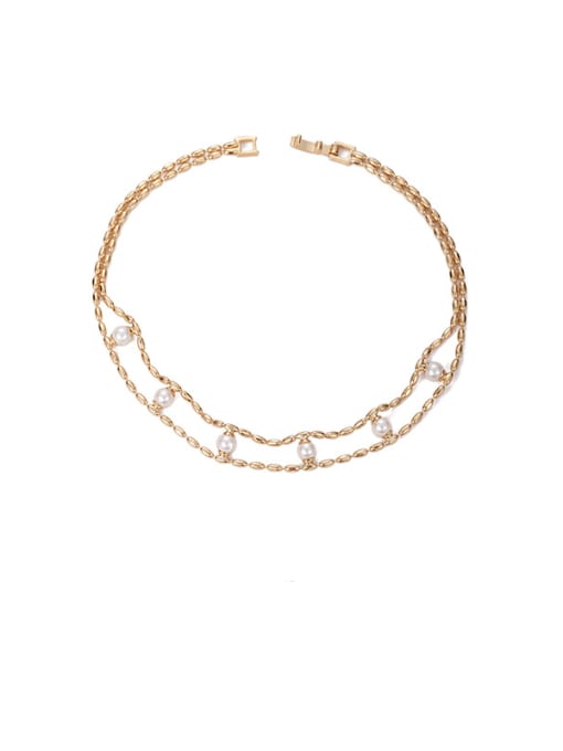 golden Brass Imitation Pearl Geometric Vintage Beaded Necklace