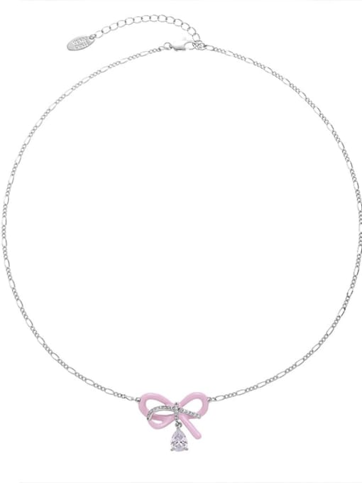 Pink Dropping Oil Style Brass Cubic Zirconia Bowknot Dropping Oil Dainty Necklace