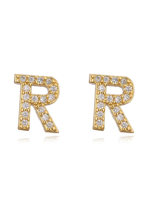 R Brass Cubic Zirconia Letter Minimalist Stud Earring