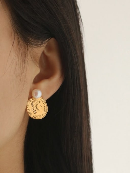 ACCA Brass Imitation Pearl Coin Vintage Drop Earring 1