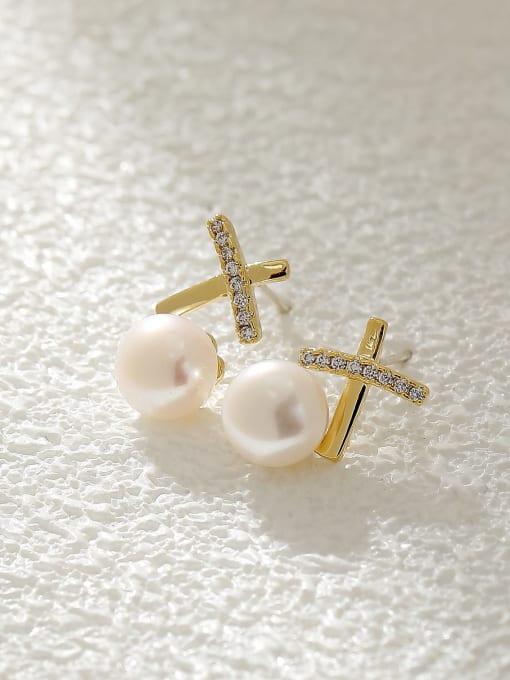 HYACINTH Brass Imitation Pearl Cross Minimalist Stud Earring 0