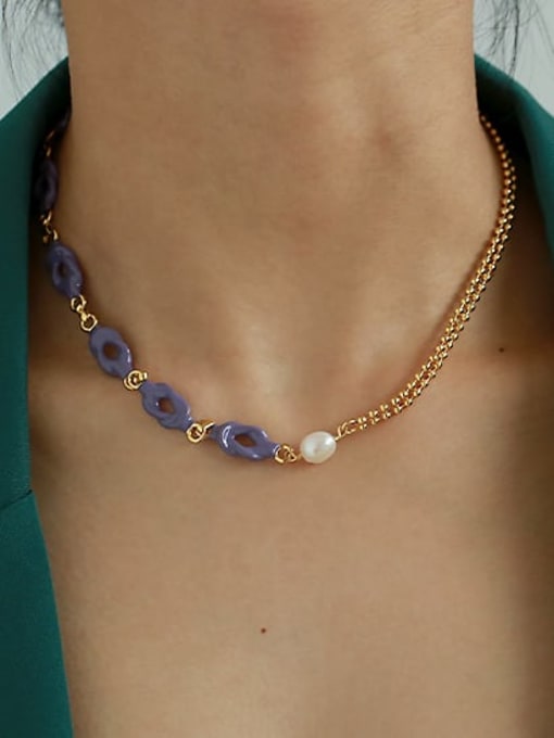 Lavender Oil Drop Necklace Brass Enamel Geometric Vintage Necklace