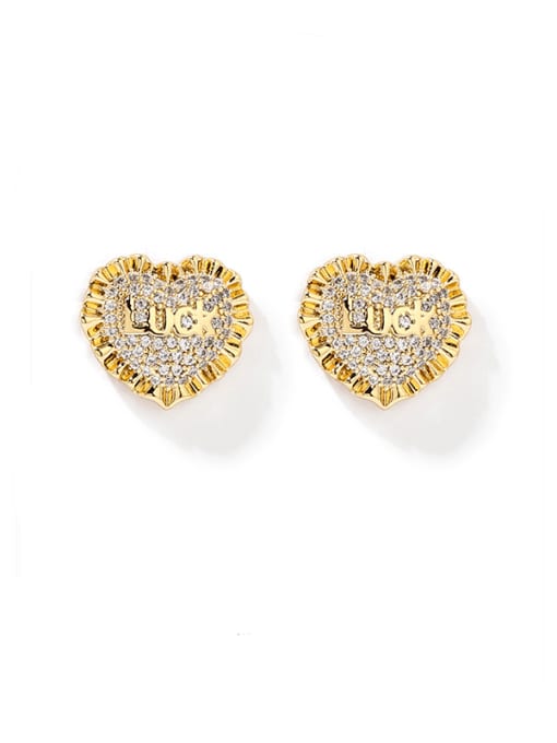Gold +white Brass Cubic Zirconia Heart Vintage Stud Earring