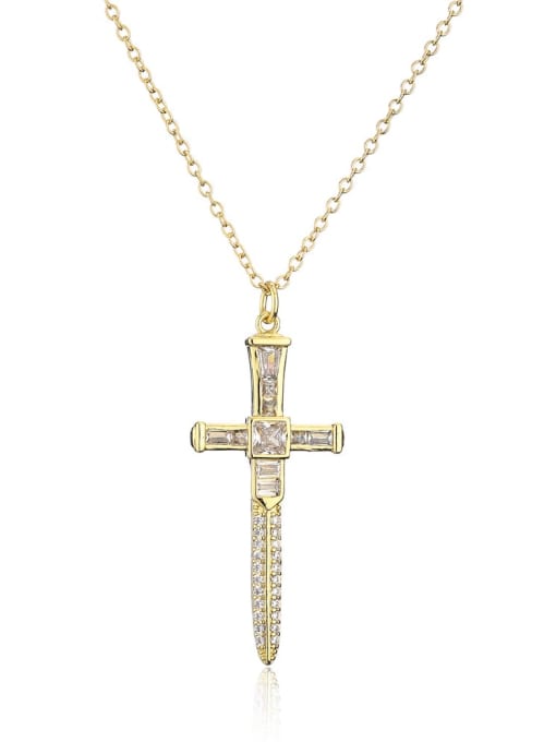 21537 Brass Cubic Zirconia Cross Vintage Necklace