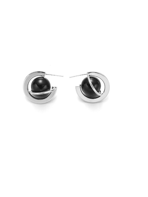 Platinum Brass Obsidian Round Minimalist Stud Earring