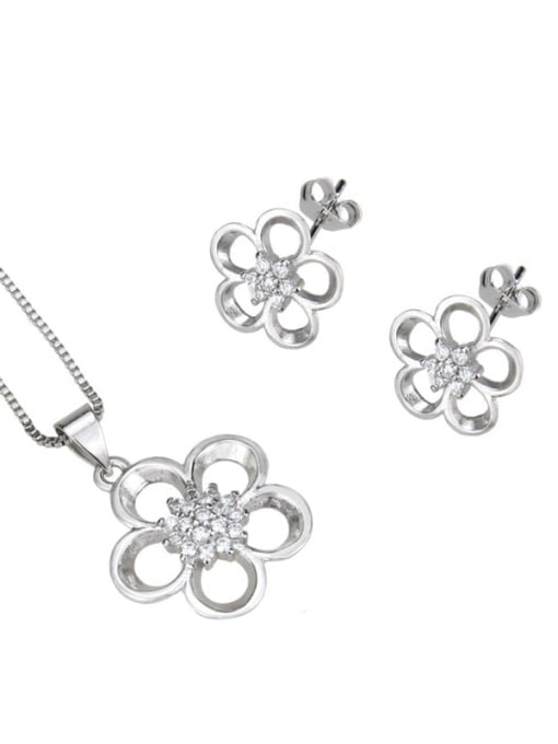 Platinum plating Brass Cubic Zirconia Dainty Flower  Earring and Necklace Set
