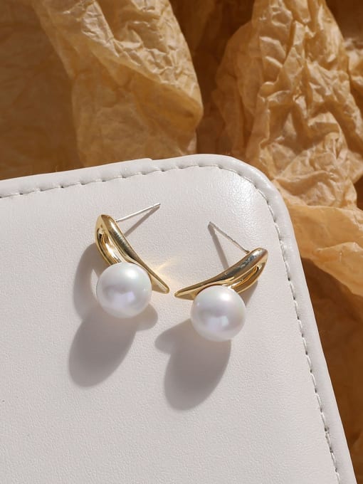 14k Gold Brass Imitation Pearl Geometric Minimalist Stud Earring