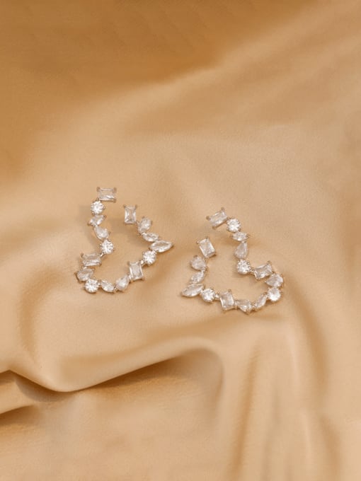 White K Brass Cubic Zirconia Heart Minimalist Stud Earring
