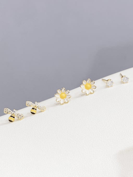 Gold E093 Brass Cubic Zirconia Enamel Flower Cute Stud Earring