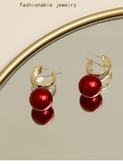 Golden red Brass Imitation Pearl Geometric Vintage Drop Trend Korean Fashion Earring