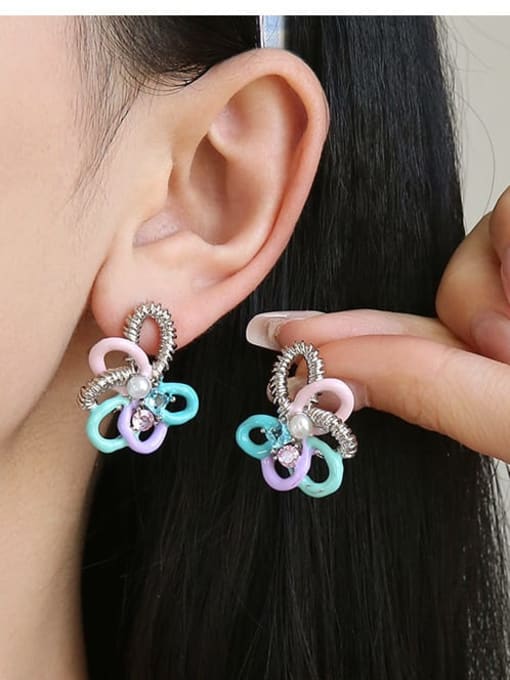 Five Color Brass Imitation Pearl Enamel Flower Cute Stud Earring 1