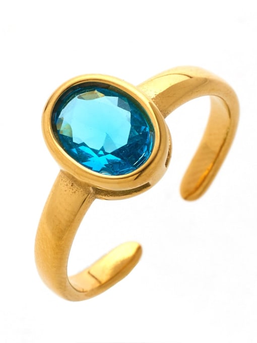 Golden +blue Stainless steel Glass Stone Round Minimalist Band Ring