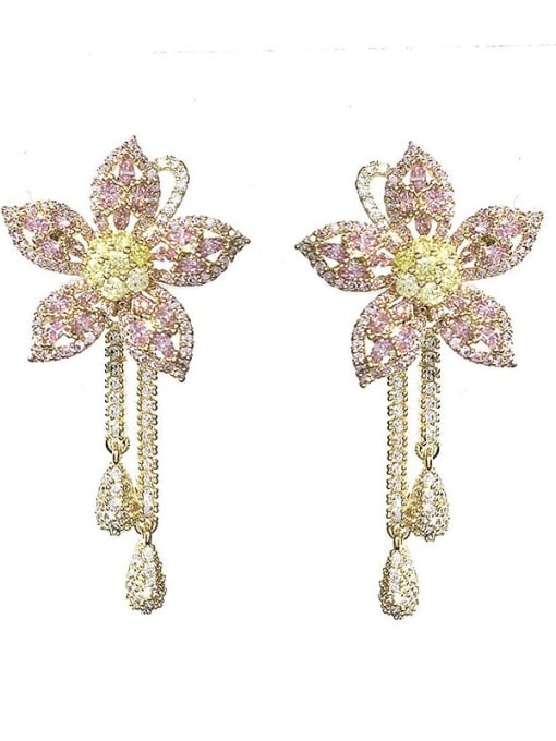 Pink Brass Cubic Zirconia Flower Vintage Cluster Earring