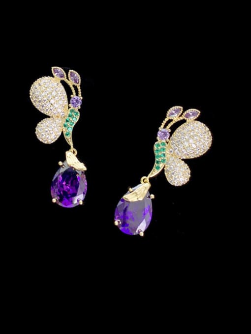 purple Brass Cubic Zirconia Butterfly Luxury Drop Earring