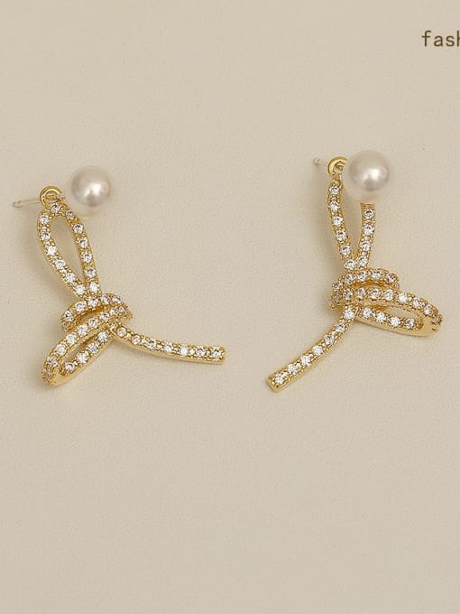14K real gold Copper Imitation Pearl Bowknot Vintage Stud Trend Korean Fashion Earring