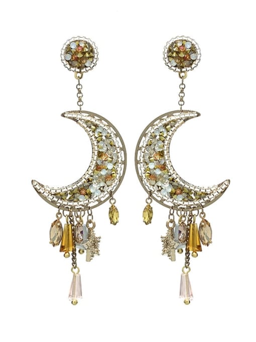 Warm color Brass Cubic Zirconia Moon Tassel Vintage Cluster Earring