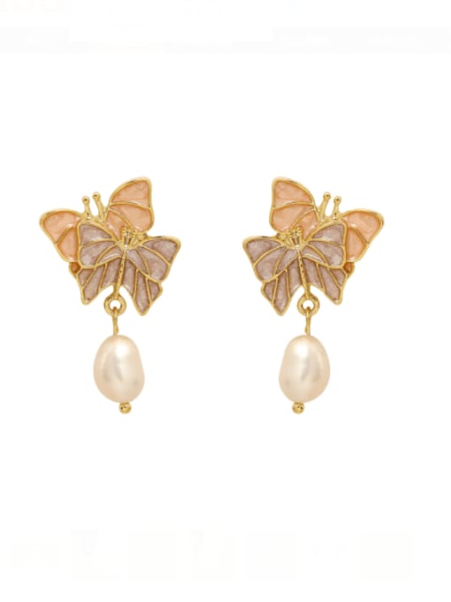 HYACINTH Brass Freshwater Pearl Enamel Butterfly Vintage Clip Earring 0