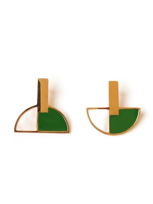 green Brass Enamel Geometric Vintage Stud Earring