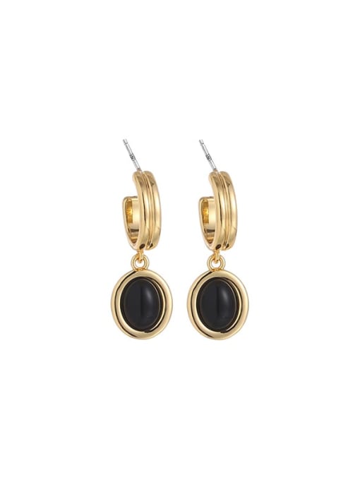 Black Agate Earrings Brass Natural Stone Geometric Vintage Drop Earring