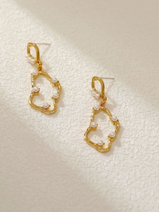 14k Gold Brass Imitation Pearl Geometric Vintage Drop Earring