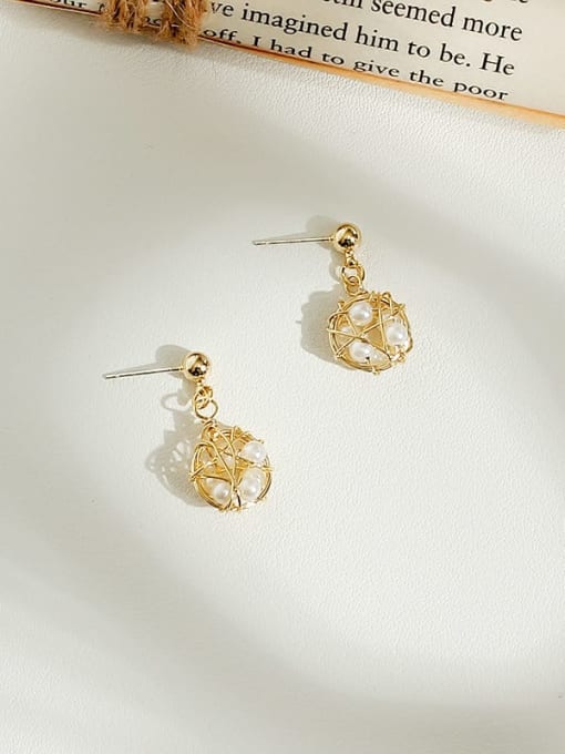 14K  gold Copper Imitation Pearl Bead Cage Ethnic Drop Trend Korean Fashion Earring