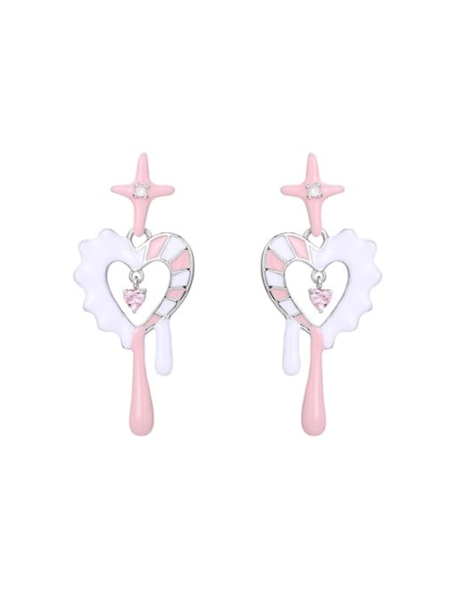 Pink and white contrast Brass Cubic Zirconia Enamel Heart Minimalist Drop Earring