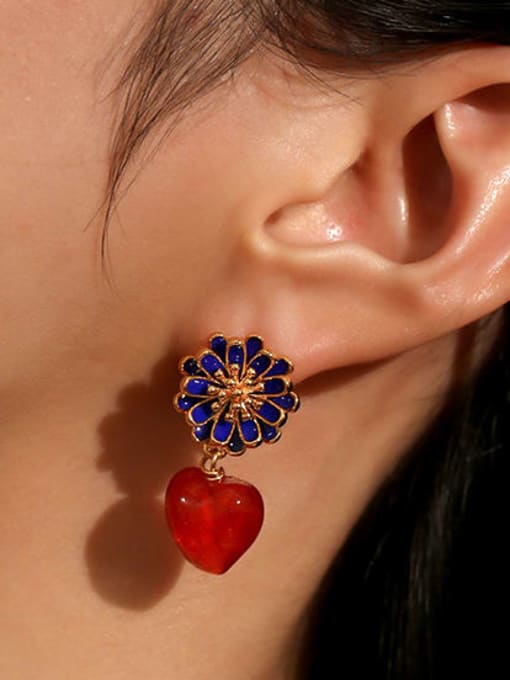 Five Color Brass Lampwork Stone Heart Vintage Drop Earring 1