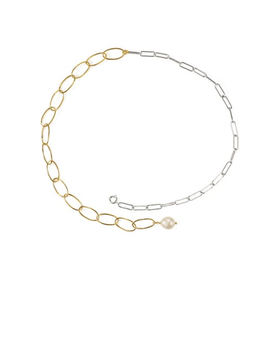 Semi white gold Brass Freshwater Pearl Asymmetry Geometric Chain  Minimalist Necklace