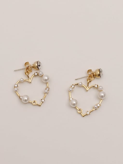 14K real gold Brass Imitation Pearl Heart Vintage Drop Trend Korean Fashion Earring