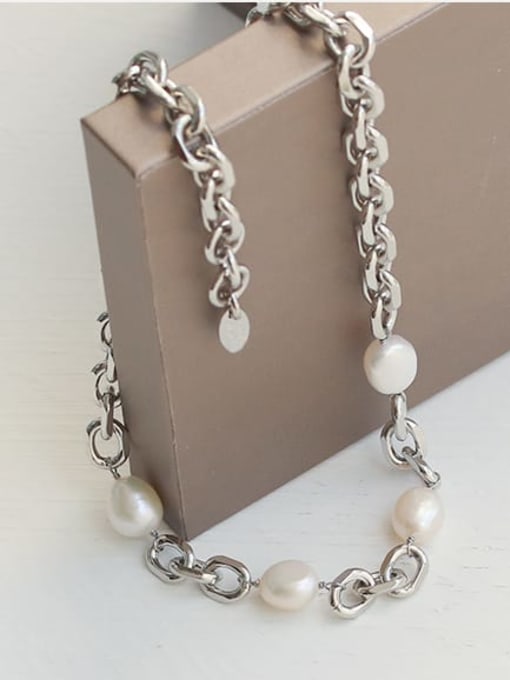 ACCA Brass Imitation Pearl Geometric Chain Vintage Necklace 0