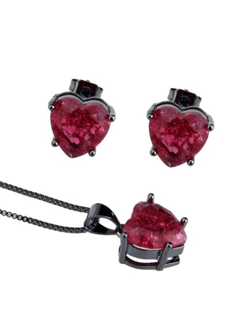 Black red plated explosive stone Brass  Cubic Zirconia Heart  Earring and Necklace Set