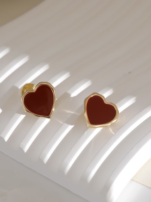 Light Gold +Wine Red Brass Enamel Heart Minimalist Clip Earring