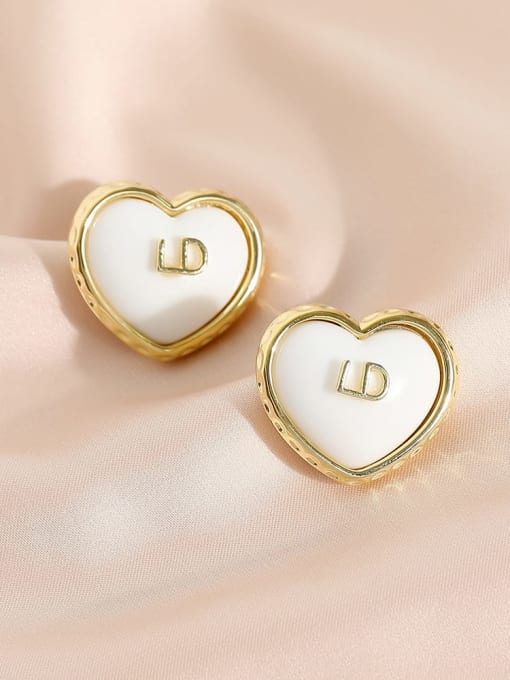 14k Gold White Brass Enamel Heart Minimalist Stud Earring