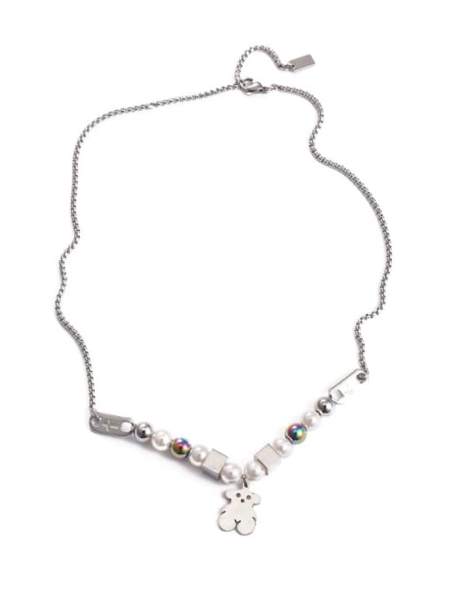 Bear Necklace Titanium Steel Imitation Pearl Cross Hip Hop Necklace