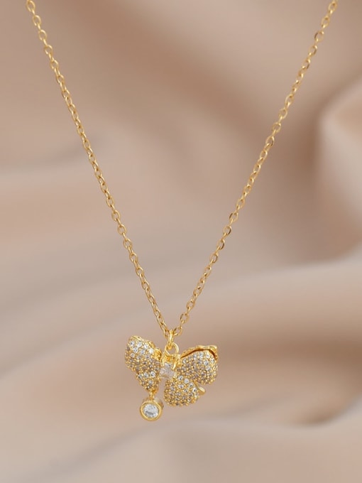 Gold XL62506 Brass Cubic Zirconia Butterfly Dainty Necklace