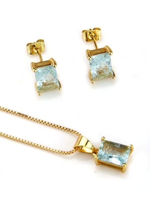 Gold Plated Blue Zircon Brass Rectangle  Cubic Zirconia Earring and Necklace Set