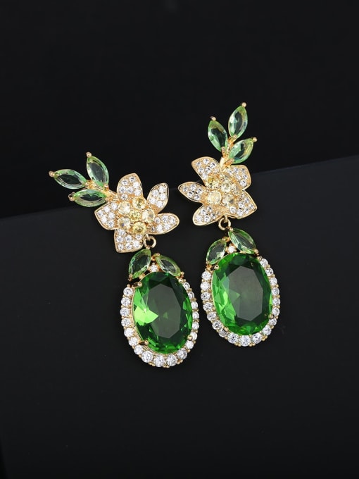 OUOU Brass Cubic Zirconia Green Flower Vintage Stud Earring 2