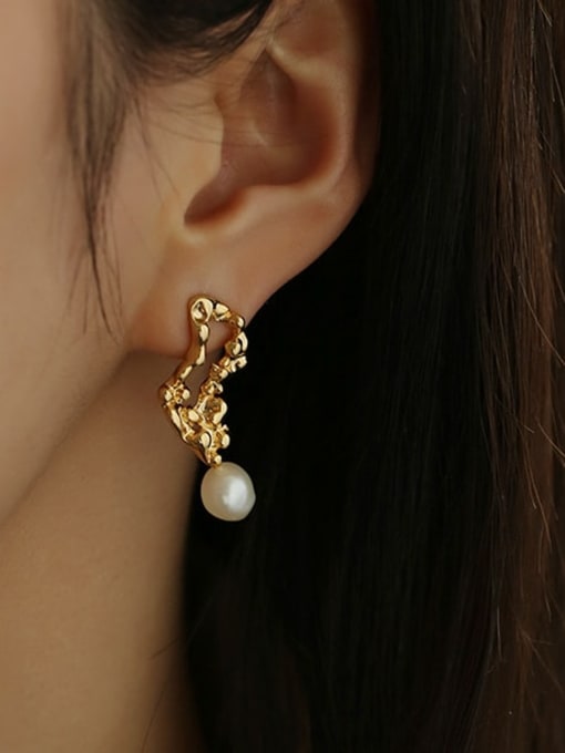 Five Color Brass Imitation Pearl asymmetrical Geometric Vintage Stud Earring 1
