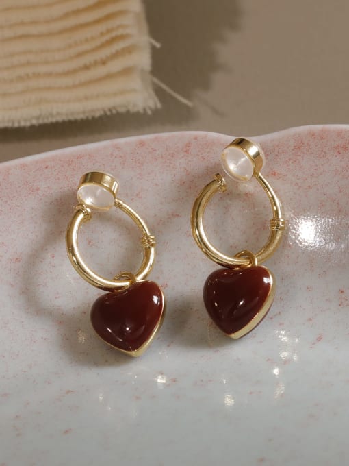 14K gold wine red Brass Enamel Heart Minimalist Drop Earring