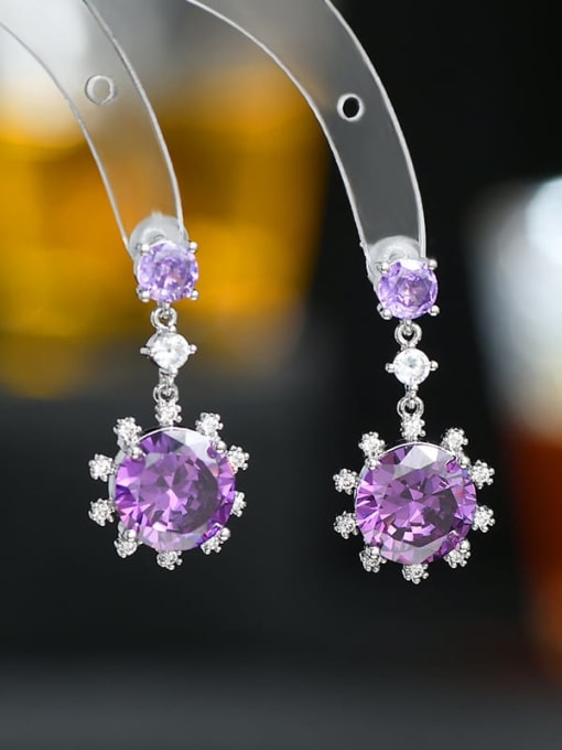 Steel purple ED66215 Brass Cubic Zirconia Pink Flower Dainty Drop Earring