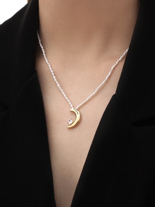 TINGS Brass Freshwater Pearl Moon Artisan Pandant Necklace 1