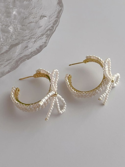 P132 Pearl Bow Earrings Brass Imitation Pearl Bowknot Minimalist Stud Earring