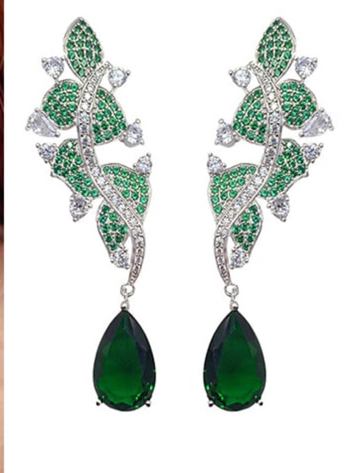 Green diamond water drop Brass Cubic Zirconia Flower Luxury Drop Earring