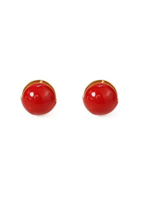 Red Earrings Brass Enamel Round Vintage Stud Earring